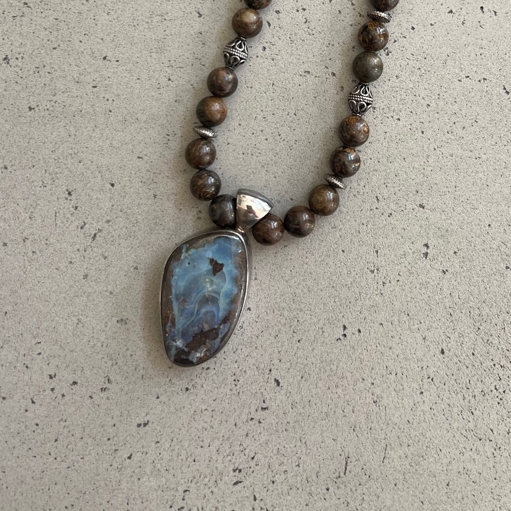 AustraliaBlue Boulder Opal & Silver Pendant with Bronzite Natural Bead Necklace